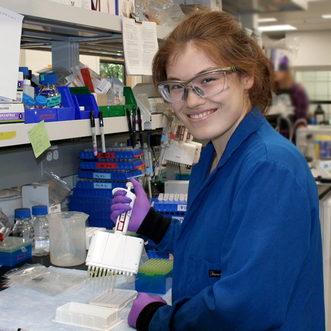 Photo of graduate student Caitlin Maikawa in a wet lab, wearing glasses and a lab coat and gloves, pipetting several things into a container.