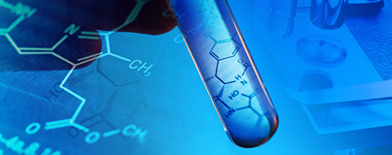 Photo of test tube with graphical chemistry background.