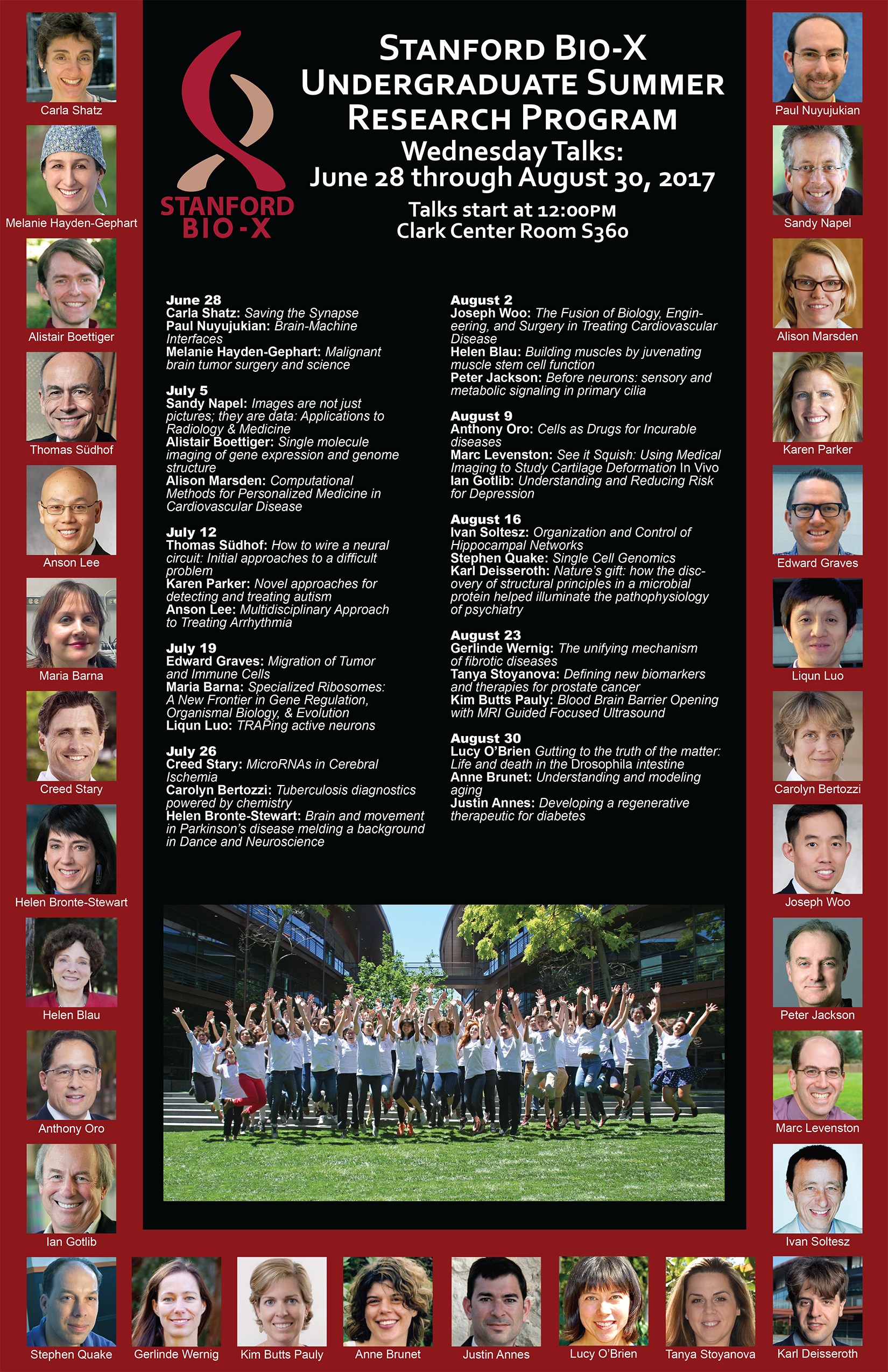 Bio-X Undergraduate Summer Research Program Poster with the talk titles below, and showing photos of faculty speakers