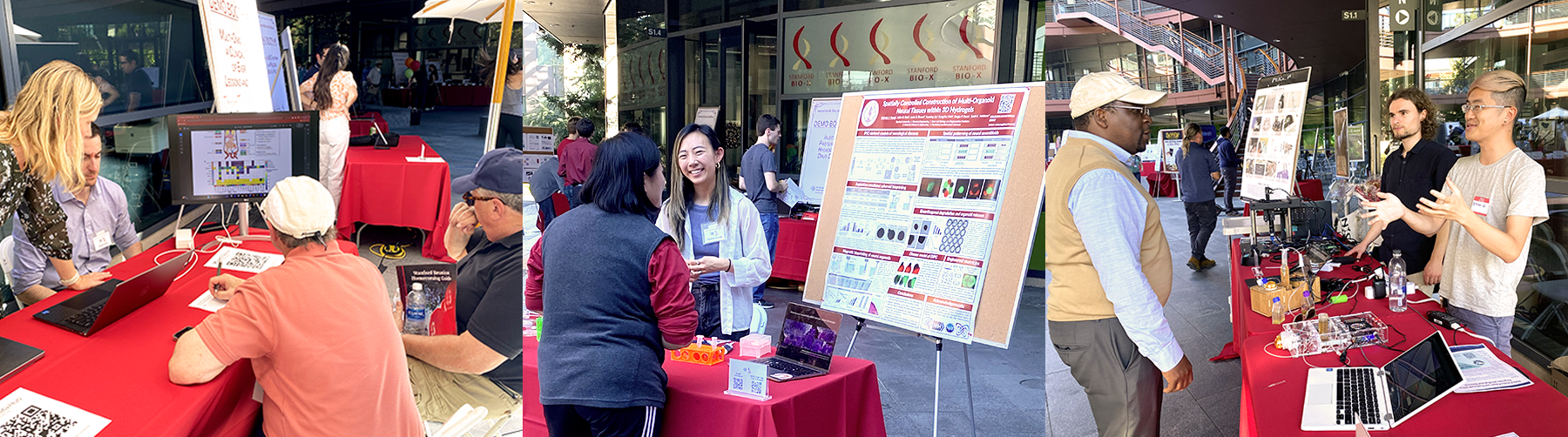 Collage of 3 outdoor photos of presenters sharing demos and technology with attendees, all smiling and gesturing.