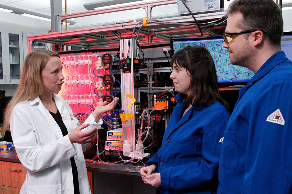 Photo of Dr. Fordyce talking to graduate student Kara Brower and postdoctoral scholar Adam White in the laboratory.