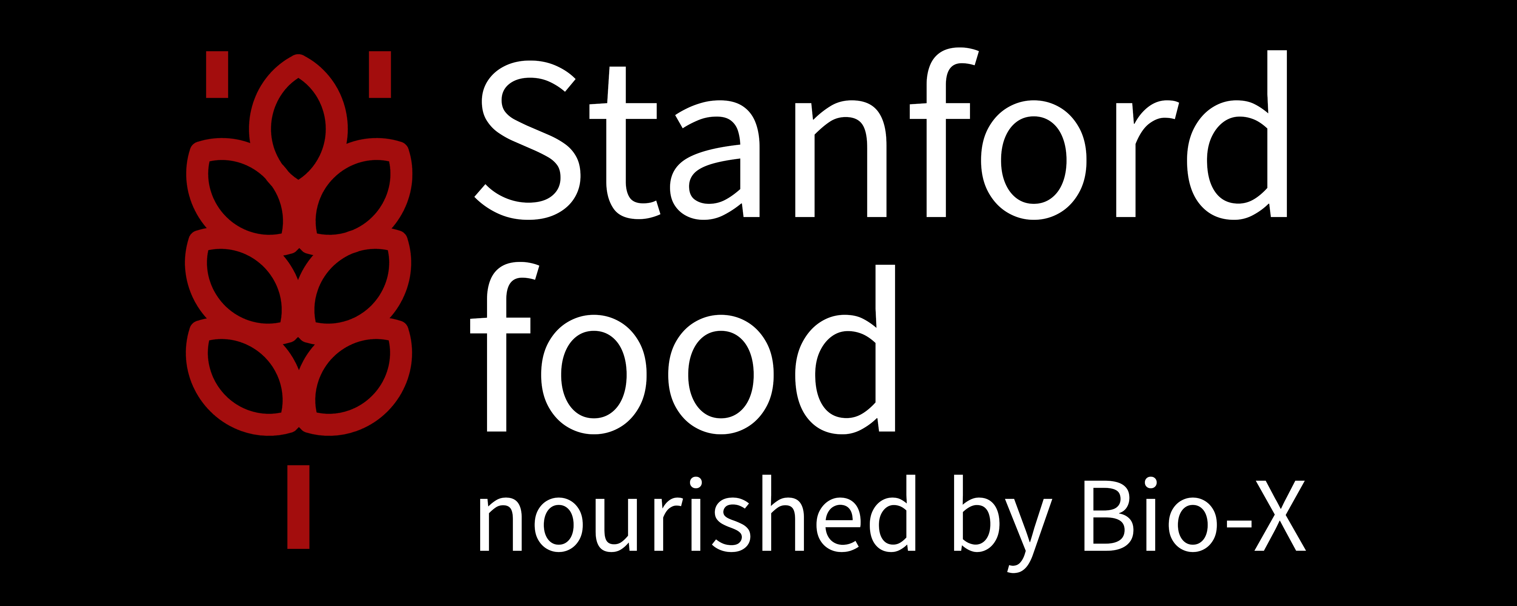 Graphic icon of grain in red and the words Stanford food - nourished by Bio-X in white.