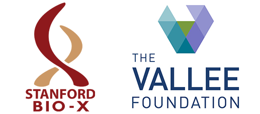 Stanford Bio-X logo with intertwining red and yellow arms, next to The Vallee Foundation logo showing a geometric diamond with facets in different cool colors.