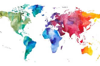 Graphic showing a world map in different colors of watercolor.