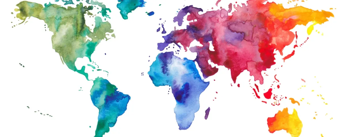 Graphic showing a world map in different colors of watercolor.