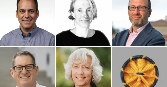 Collage of headshot photos of faculty awardees Tim Assimes, Polly Fordyce, Alberto Salleo, Aaron Straight, and Gretchen Daily.
