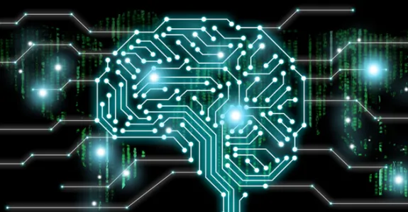Graphic image of a brain shape made of interconnected lit up dots in a circuitboard-like design.