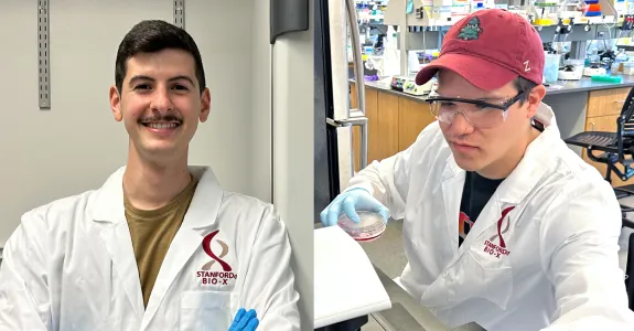 Composite of two photos, each of a graduate student in a wet laboratory, working with equipment.