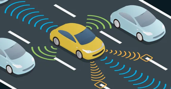 Graphic image of an autonomous car on the highway, scanning its surroundings in every direction.
