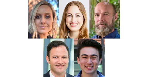 Photos of Drs. Erin Gibson, Jeffrey Goldberg, Michelle Monje, and John Huguenard, and undergraduate Jared Hysinger.