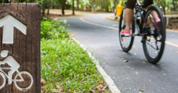 Photo of a person biking near a bike sign.