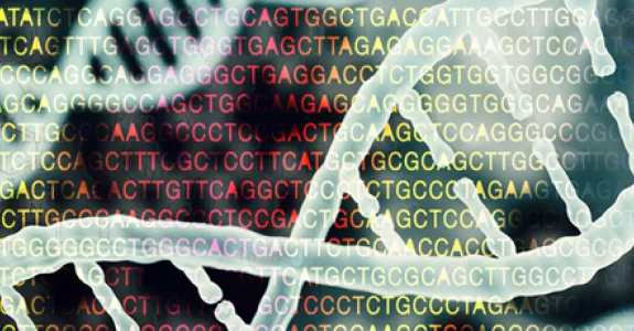 Graphic illustration of DNA strands in front of colored field of DNA amino acid letters.