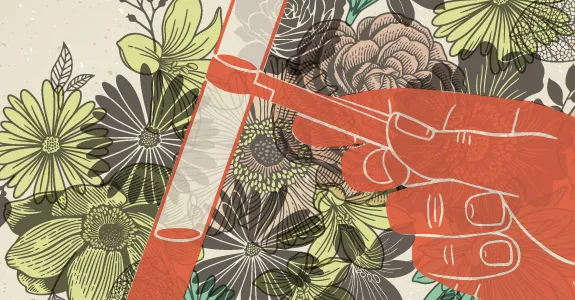 Graphic depiction of scientist's hand and plants.