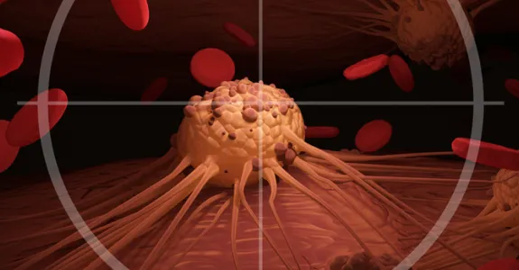 Graphic illustration of a cancer cell inside of crosshairs.