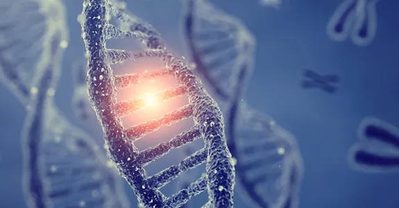 Graphic image of DNA strands with one base pair lit up.