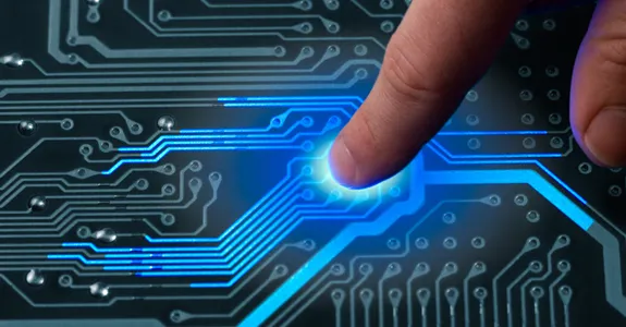 Graphic image of a fingertip being pressed to a circuit board, with circuits lighting up blue.