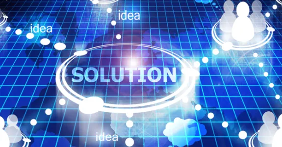 Graphic image depicting the word "solution" lit up in the center, with glowing lines reaching out to isolated sub-groups of pictographs of people, with the word "idea" scattered along the connective lines.