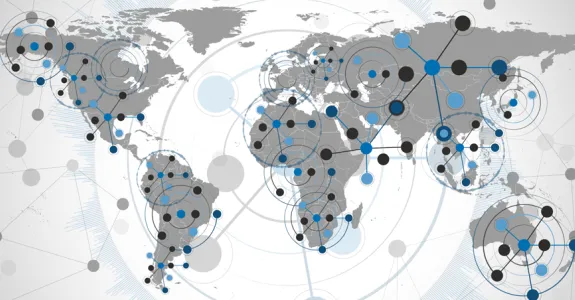 Graphic of world map with data points.
