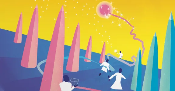 Illustration of miniature scientists in white coats chasing after a neuron and collecting data.