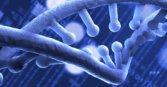 Graphic image of a double-helix of DNA against a background of numerical data.