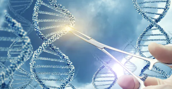Graphic illustration of strands of DNA with scientist's hand reaching into remove a lit-up segment with forceps.