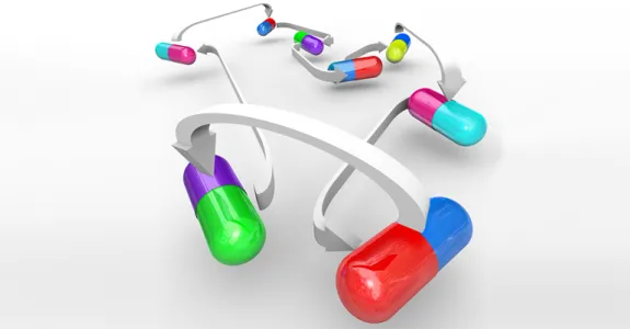 Graphic image of arrows pointing between pills to indicate drug interaction.