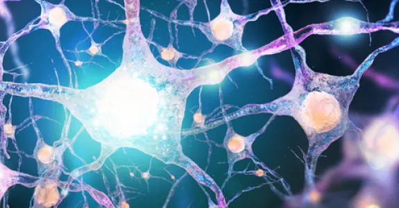 Graphic image of neurons lighting up on a purplish background.