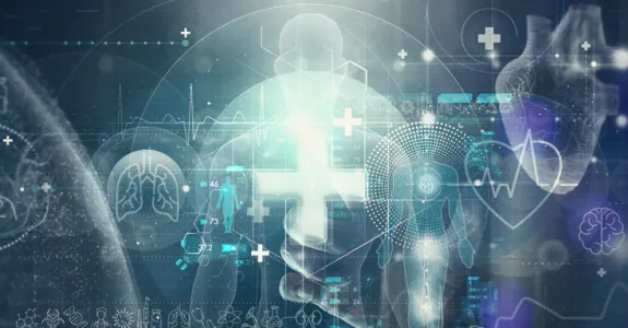 3D scientific illustration depicting the abstract shape of a person with lots of digital health data around them.