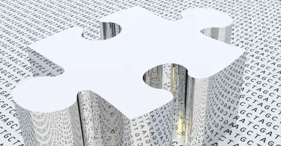 Graphic illustration depicting a large reflective puzzle piece on a surface with genetic code letters (A, G, C, T) all over it.