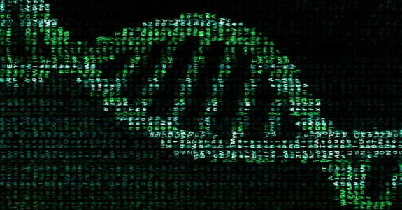 Graphic image of a DNA double-helix made of numbers to indicate data, lit up in green on a dark background.