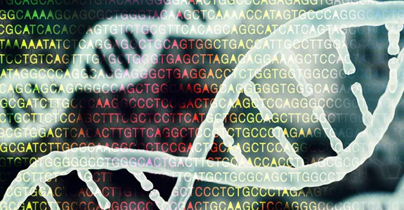 Graphic image of DNA strands with overlay of genome sequence letters.
