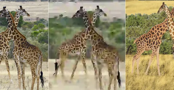 Banner of three images: leftmost image shows two giraffes. Middle image is a blurry, pixelated version of first image, created by an algorithm to compress the photo. Third image is a recreation of a similar but not identical image of two giraffes, created by a person receiving dictation describing the first photo.