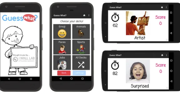 Image of screenshots on a phone of Dr. Dennis Wall's groups smartphone game Guess What, showing theme options child can choose from and then example screens of people or expressions/emotions for player to identify.