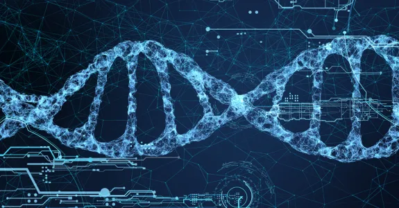 Graphic image of a blue glowing DNA double-helix on a darker blue background with circuitboard elements lit up in blue.