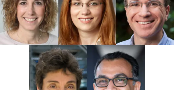 Collage of headshot photos of Shirit Einav, Anca Pasca, Jon Bernstein, Carla Shatz, and Purvesh Khatri.