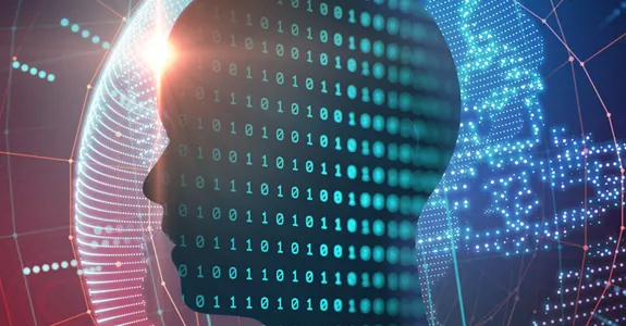 Graphic image of a silhouetted human head with binary code through it, in front of a world map of lit up data points.
