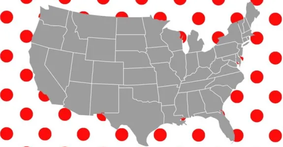 Graphic image of the continental United States superimposed on a background of red spots on white.