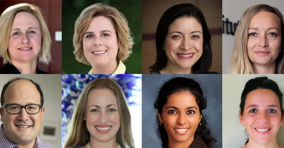 Headshot photos of Crystal Mackall, Jennifer Cochran, Kara Davis, Robert Majzner, and Michelle Monje, Sabine Heitzeneder, Sneha Ramakrishna, and Elena Sotillo-Piñeiro.