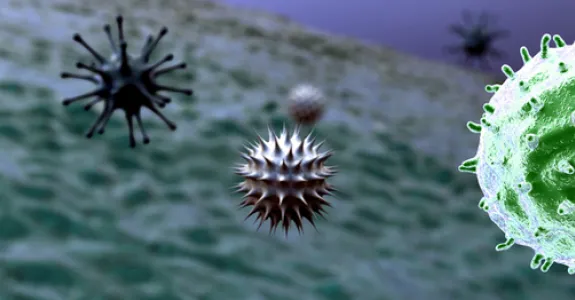 Graphic image of macrophages in bloodstream, with virus cell in green.