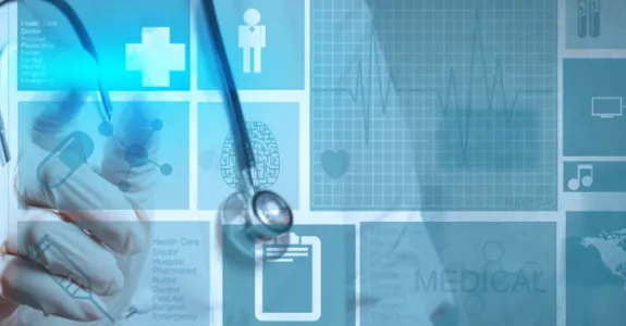 Graphic image of physician analyzing data.