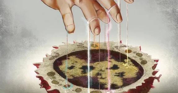 Illustration of a hand over a cell, with lines tied to the fingertips leading down to different parts of the cell.