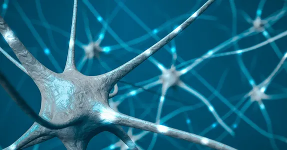 Graphic image of neurons lighting up with signals along their axons, against a dark turquoise background.
