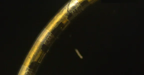 Image of a thin gold plated wire arcing across a black background.