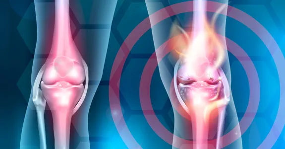 Graphic 3d image showing person's knees, with one circled in red, against abstract background.