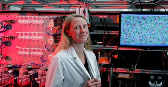 Photo of Dr. Polly Fordyce in the lab, standing in front of a monitor displaying peptide beads.