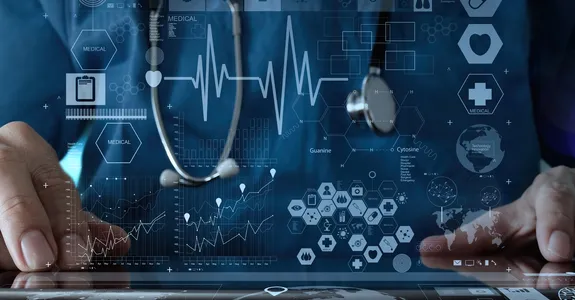 Photo with graphic enhancements of medical scientist collecting data.