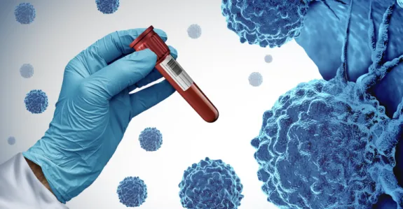 Graphic image of a gloved hand holding a red vial in front of a background of illustrated cells.