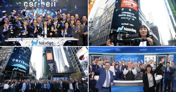 Collage of 4 photos of a team of people celebrating at the Nasdaq Exchange.