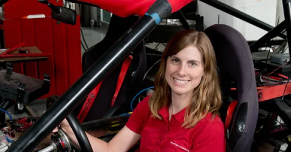 Photo of Holly Russell in a self-driving car.