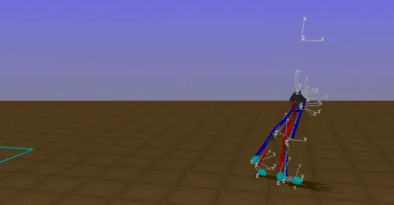 Graphic image of 3D skeleton model with muscles in blue and red, walking using AI.